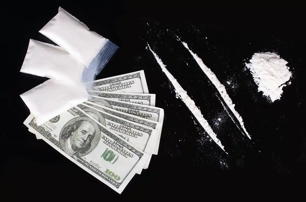 Several small plastic bags filled with white powder placed on top of U.S. $100 bills, alongside lines of white powder on a dark surface